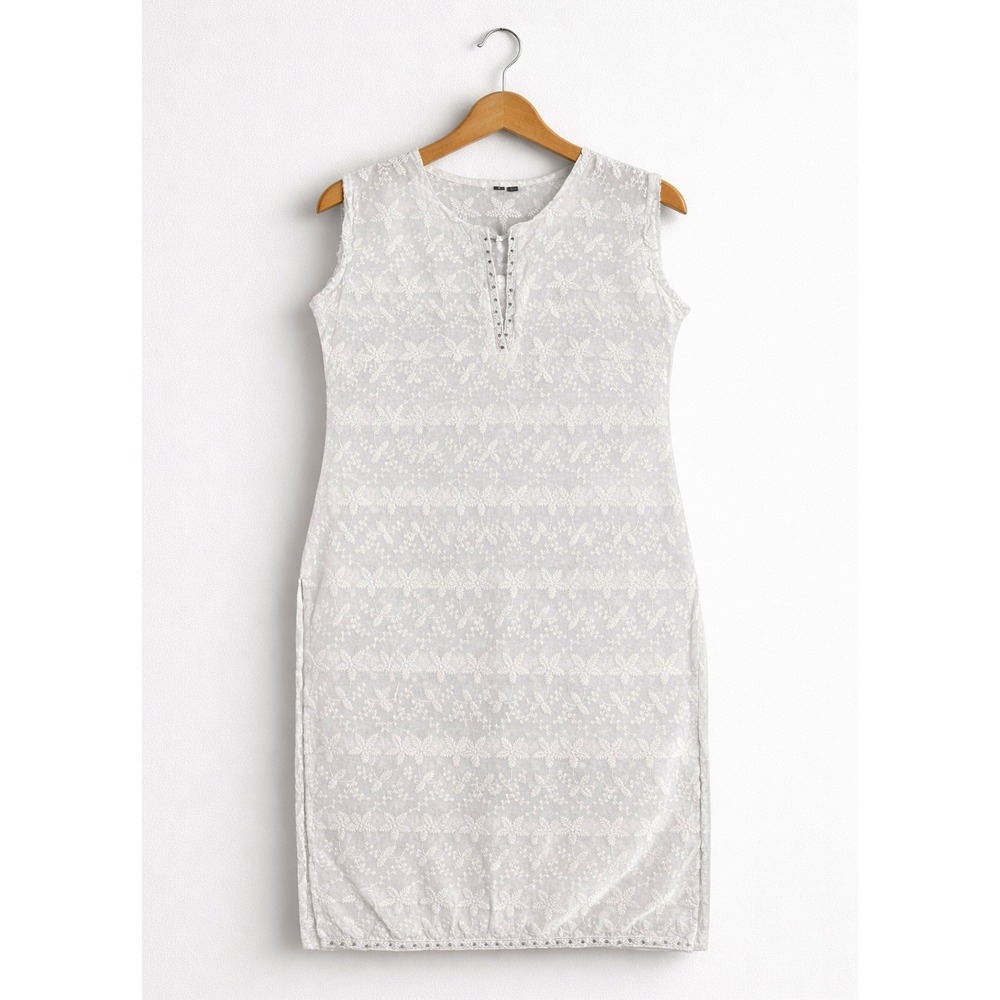 Embroidered Floral‎ Tunic Dress Women L White Sleeveless Beachwear Resortwear